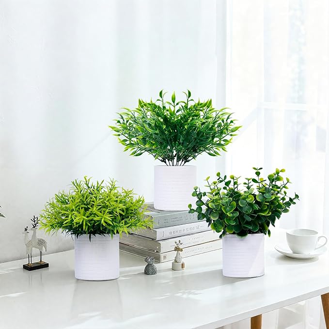 FGSAEOR Mini Potted Fake Plants, Small Artificial Greenery Realistic Plants Topiaries, Low Maintenance, for Home Office Shelf Desk Farmhouse Room Coffee Table Decor (3-Pack) (Green)
