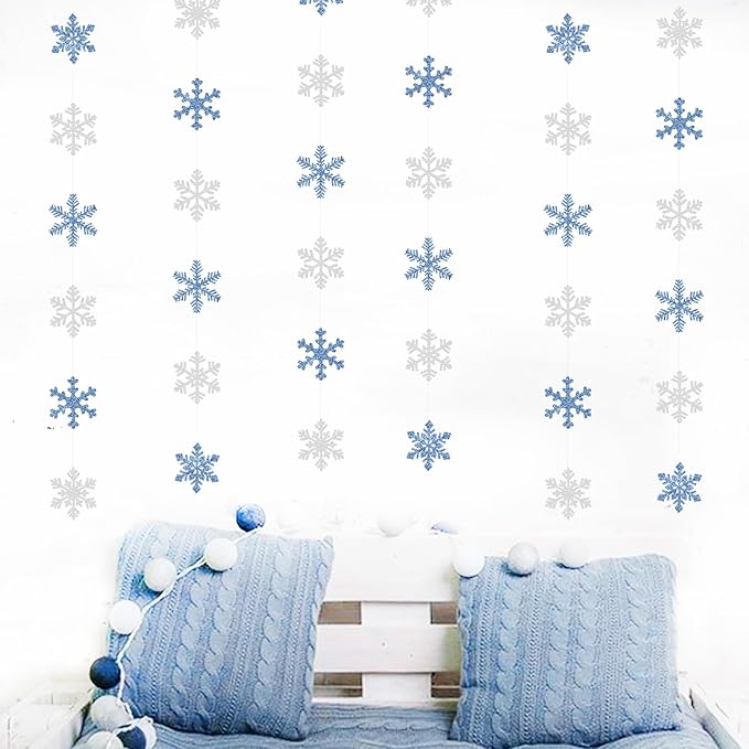Snowflake-Snow Blue-Silver Christmas Party-Decorations Garland - 6pcs Winter Wonderland Girl Frozen Birthday Hanging Decoration Streamers Banner, Snow White New Year Supplies Holiday Decor Panduola