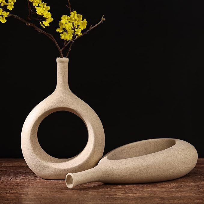 LCCCK Matte Beige Ceramic Vase, Tan Circle Vases with Hole, Neutral Rustic Centerpiece Table Decorations Flower Vase, Minimalist Vase Farmhouse Dinner Decor