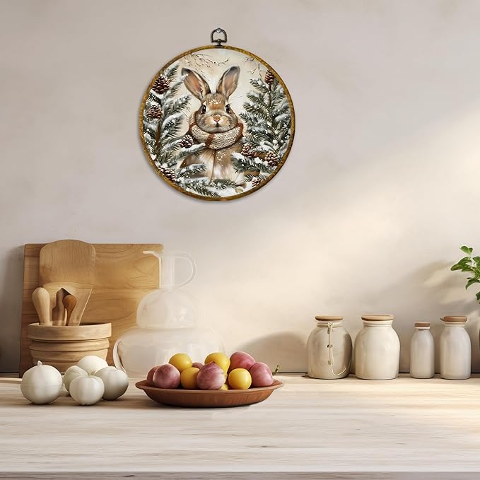 CUANFDDSF Vintage Boho Winter Bunny Round Wall Art Decor, Rustic Cottagecore Rabbit Pinecones Wall Hanging Frame Decor, Farmhouse Winter Bunny Canvas Prints Decorations for Home Bedroom, 10x10 Inch