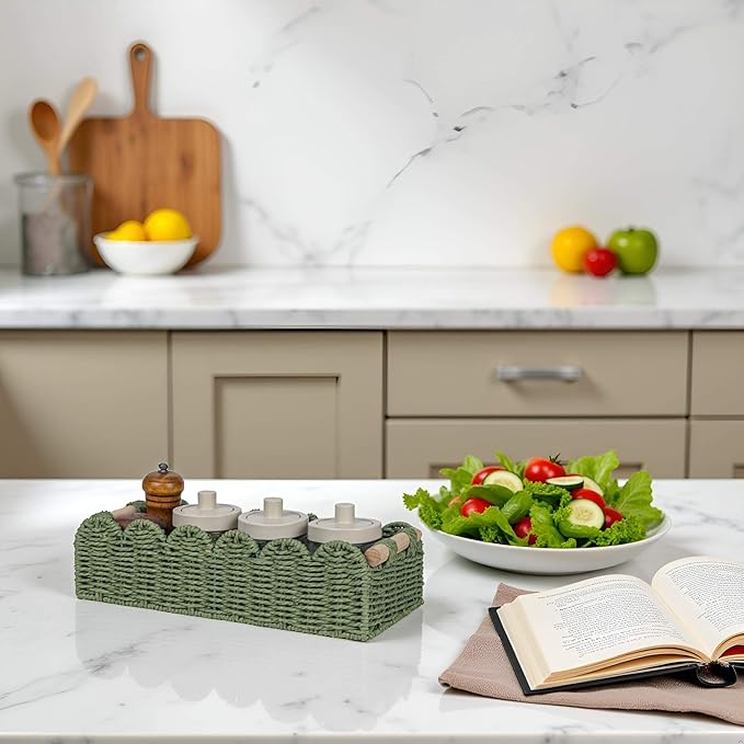 CubesLand Scalloped Edge Decor Baskets for Home, Living Room, Toilet Paper Storage Basket for Over Toilet Shelf, End Table,Shelves and More, Small Paper Rope Baskets Both Storage&Decor, Set 2 Green