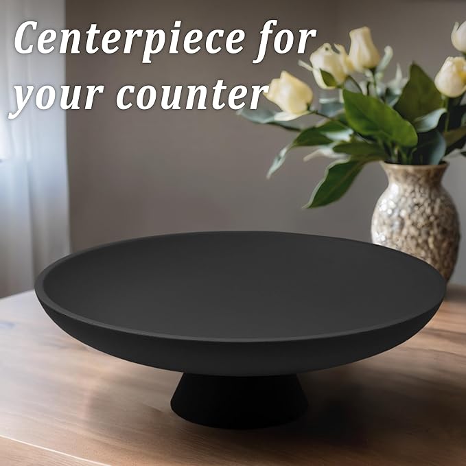 Large Decorative Bowl, Modern Resin Pedestal Bowl for Home Decor, Stylish Fruit Bowl for Kitchen Counter, Chic Key Holder for Entry Table, Matte Black