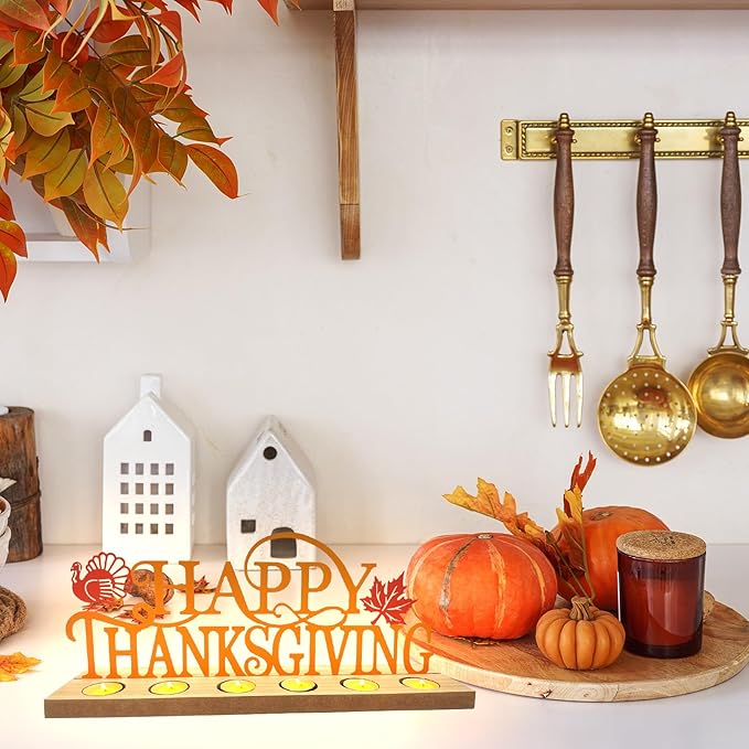 Happy Thanksgiving Metal Sign Rustic Table Decorations with Wooden Base, Tiered Tray Decor with 18pcs Tealights, Table Centerpieces Metal Word Sign for Fall Party Home Indoor Office Tabletop Mantel
