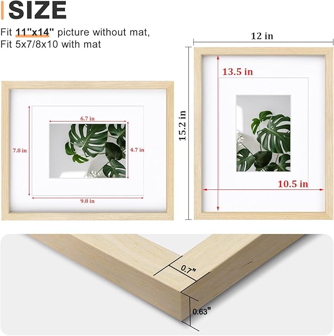 Egofine 11x14 Picture Frames Set of 4, Made of Solid Wood Covered by Plexiglass 5x7 and 8x10 with Mat or 11x14 without Mat, for Table Top Display and Wall Mounting Photo Frame Oak Wood
