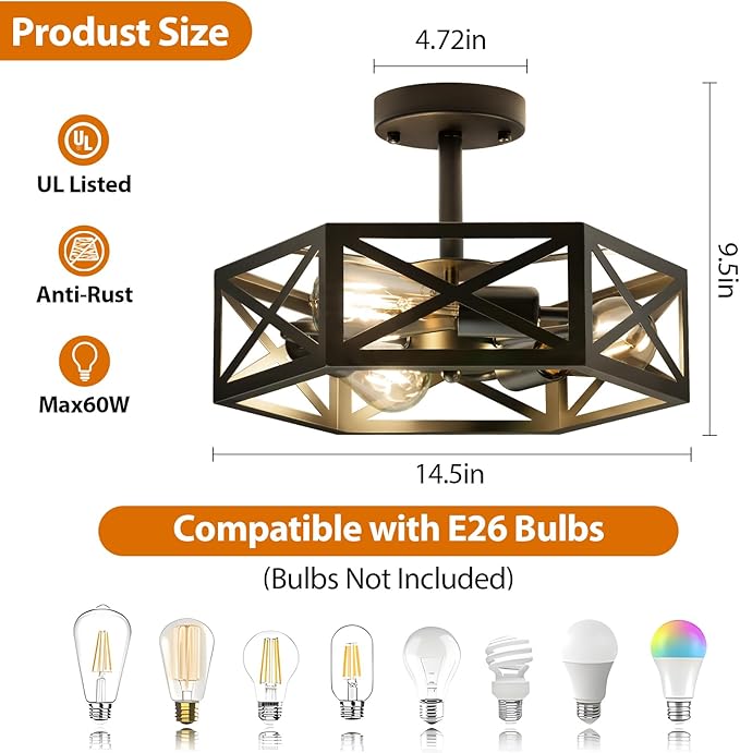 Modern Semi Flush Mount Ceiling Light,3-Light Hexagon Flush Mount Ceiling Lights for Dining Room Light Fixture,Farmhouse Black Metal Kitchen Island Lighting Fixtures for Hallway,Bathroom