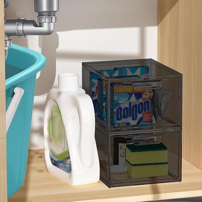 2 Pack Stackable Makeup Organizer and Storage, Acrylic Organizers，Clear Plastic Storage Drawer with Pull-Out Handles for Vanity, Undersink, Kitchen Cabinets, Pantry, Black