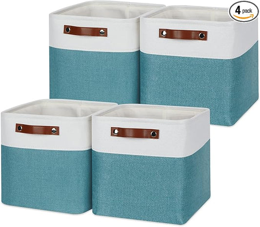 Temary 11 Inch Cube Storage Bins Cubes Storage Baskets 4 Pack Fabric Baskets for Gift Empty, Collapsable Fabric Storage Cubes Basket for Storage clothes, Teal Storage Bins for Shelves (White&Teal)