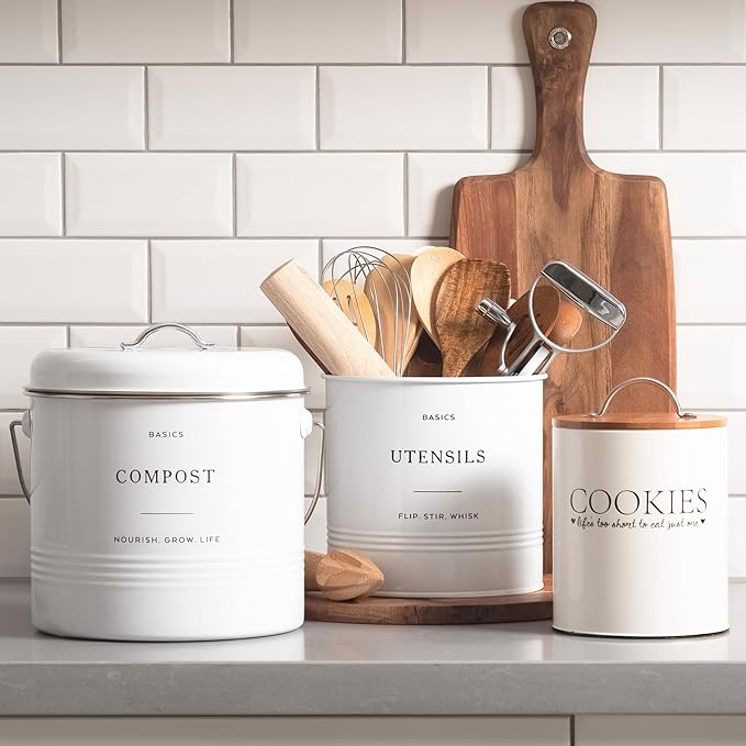 D'Lifeful Kitchen Utensil Holder for Countertop - 7" x 7" Large Utensil Holder for Kitchen Counter - Farmhouse Spatula & Cooking Tools Organizer - White Metal Crock for Modern Aesthetics