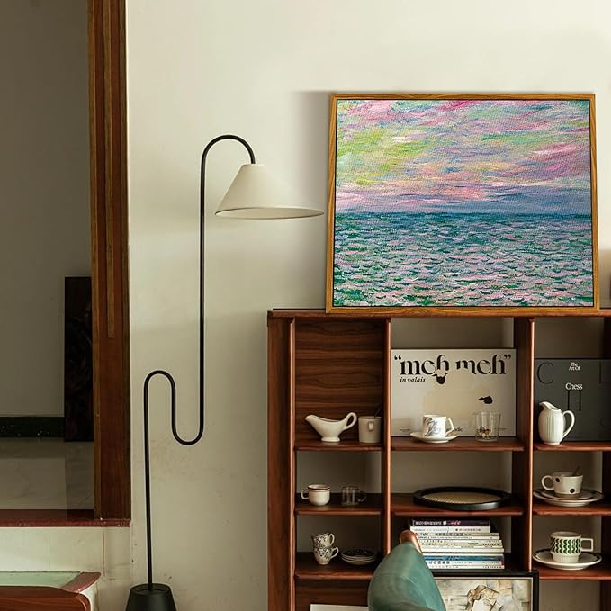 crmotu Framed Canvas Wall Art, Ocean Sunset Vintage Landscape Painting, Sea Dusk Aesthetic Art Prints, Abstract Nature Pictures Wall Decor Living Room Bathroom Bedroom Farmhouse Office Artwork 16x24in