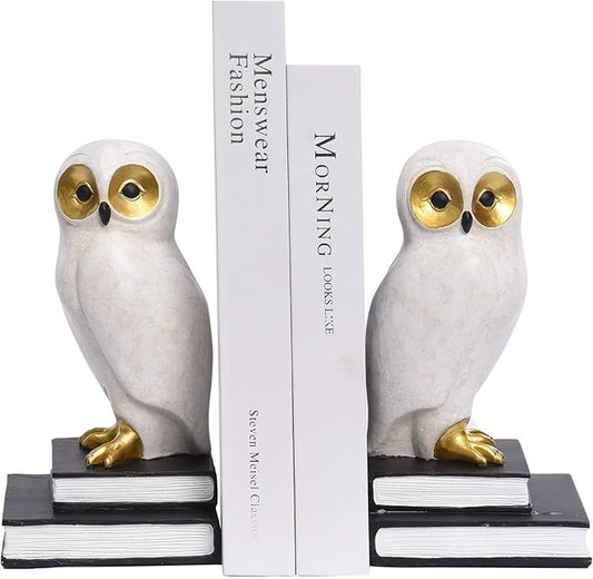 Book Ends for Shelves, Owl Decorative Bookends Bronze Bird Book Stopper Unique Kids Book Holders with Anti-Slip Base Luxurious Bookends for Kids Rooms Office Home Decor(White)