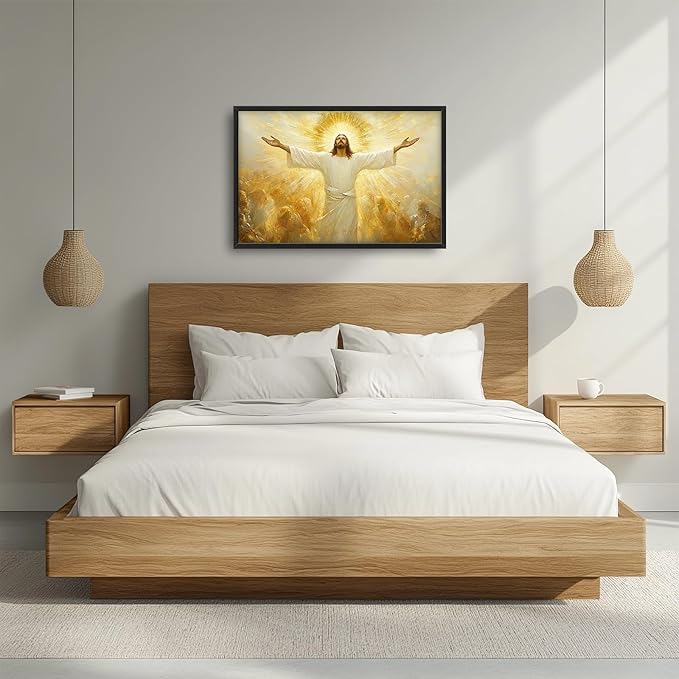 Jesus Framed Wall Art for Living Room, Large Christ Canvas Wall Decor, Jesus Golden Light Pictures Painting, Modern Artwork for Bathroom Bedroom Office 36L'' × 24W''