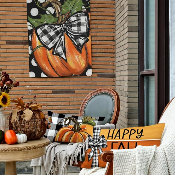 GEEORY Fall Throw Pillow Covers 12x20 Inch Set of 4, Pumpkin Scarecrow Buffalo Plaid Orange Autumn Seasonal Decorative Farmhouse Decoration for Home G563-12