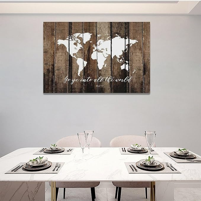 Large World Map Wall Art Rustic World Map Pictures Wall Decor Go Ye Into All The World and Preach The Gospel Canvas Painting Print Home Artwork Framed for Living Room Bathroom Master Bedroom 24"x16"
