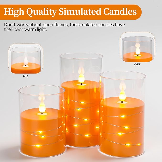 Da by Flickering Flameless Candles with Remote,Acrylic LED Candles with Embedded Star String,Battery Operated Candle, for Home and Holiday Decoration Set of 3（Orange）
