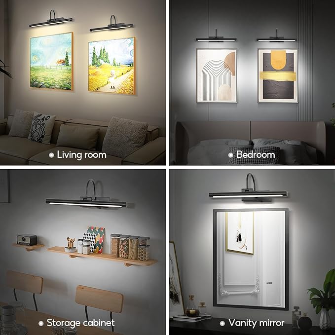 24" Picture Lights for Wall Battery Operated with Remote and Timer, Wireless Art Lights for Paintings, Rechargeable Wall Sconce, Dimmable Lighting for Canvas, Gallery Artwork, Portraits, Black