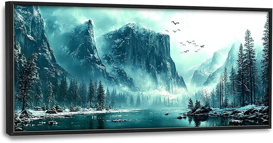 Large Mountain Lake Wall Art for Living Room, Forest Tree Canvas Wall Decor, Blue Pictures Framed Painting, Natural Landscape Artwork for Bedroom Office 60L'' × 30W''
