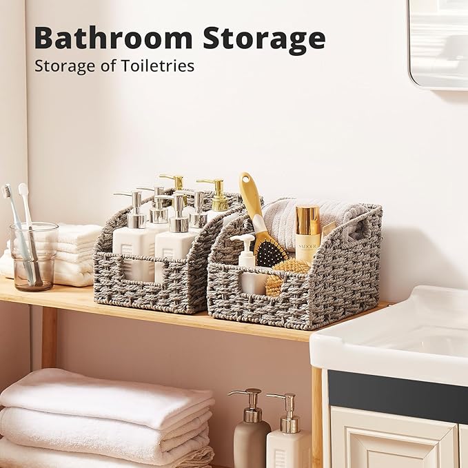 OIAHOMY Pantry Baskets for Organizing, Paper Rope Baskets with Built-in Handles, Wicker Storage Bins for Shelves, 2 Pack-Grey