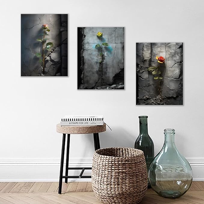 Retro Floral Canvas Wall Art Home Decor Roses in The Cracked Wall 3 Pieces Posters Print Vintage Theme Painting Artwork for Bedroom Bathroom Pictures Decoration Ready to Hang [36''W x 16''H]