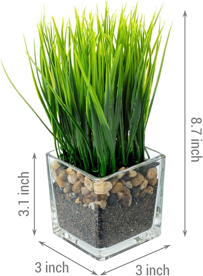 MyGift Artificial Grass Plants in Modern Square Clear Glass Pots with Faux Pebbles and Soil, Decorative Potted Greenery Plant in Tabletop Planter, Set of 2