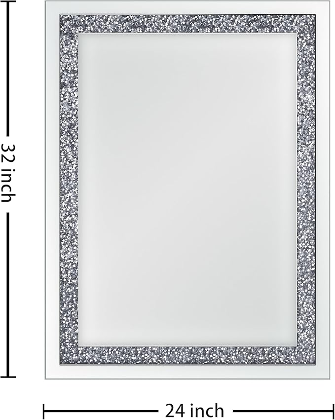 Crystal Crush Diamond Mirror-24x32Silver Mirror, Gorgeous Wall Mirror, Rectangle Mirrors for Wall Bathroom, Bedroom, Dining Room and Living Room