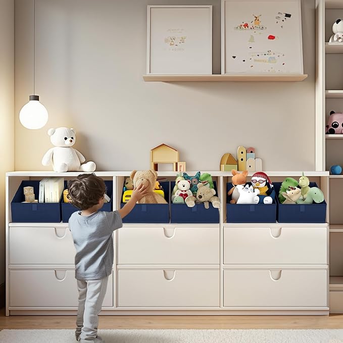 DIMJ Closet Storage Bins 8 Pack - Fabric Trapezoid Organizer Bin, Foldable Storage Baskets for Shelves, Closet Shelf Organizer, Clothing Storage Box for Toys, Books, Towel, Clothes,Navy Blue