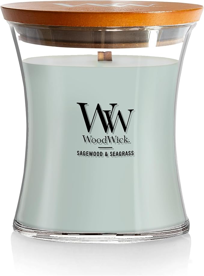 WoodWick Medium Hourglass Candle Sagewood/Seagrass - Premium Soy Blend Wax Pluswick Innovation Wood Wick Made in USA