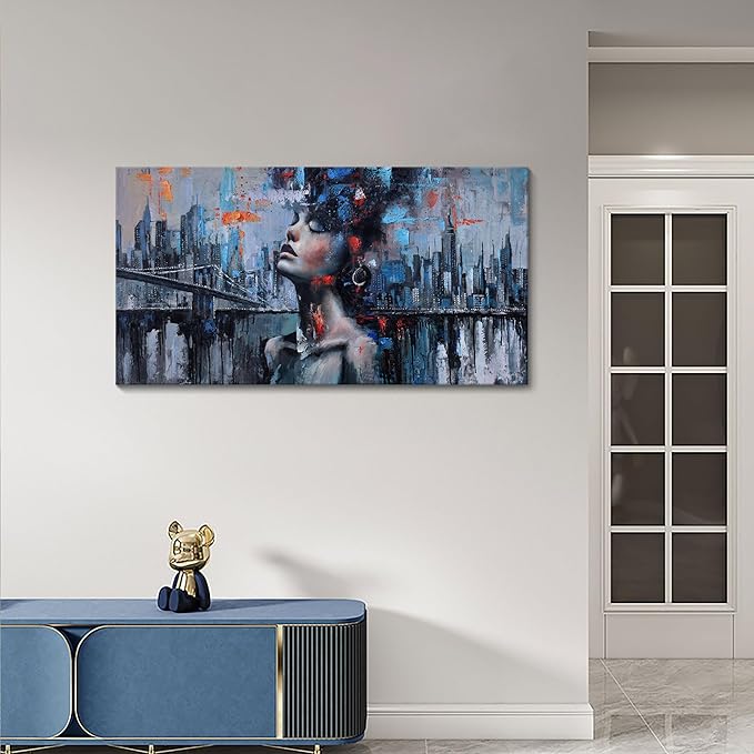 Navy Blue Abstract Wall Art Woman Picture for Living Room Modern Home Bedroom Decoration New York City Framed Cityscape Artwork Decor 20x40IN