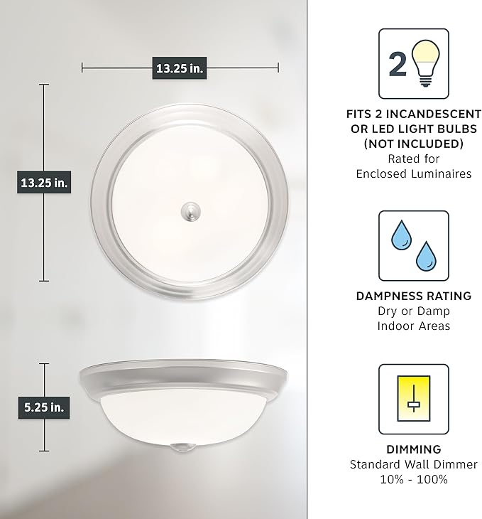 DESIGNERS FOUNTAIN Reedley 2-Lights Flush Mount Ceiling Light, 13 Inch Lighting Fixture for Kitchen, Bedroom, Bathroom, and Hallway, Pewter/White with Etched Glass, 1257M-PW-W
