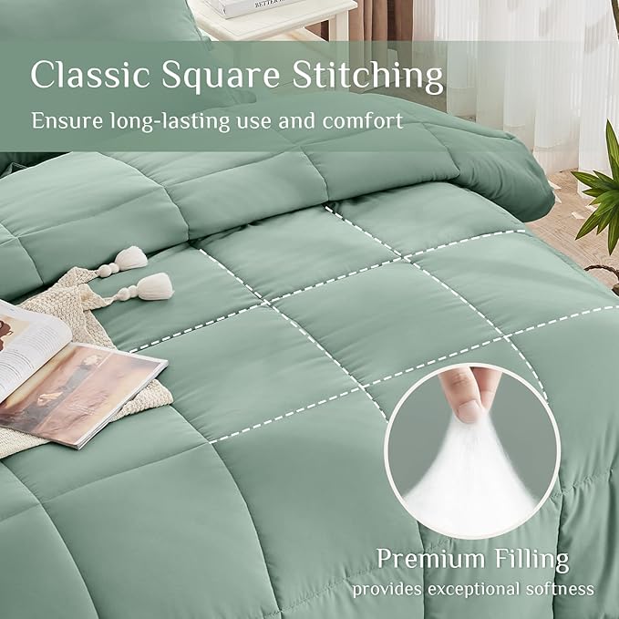 JOLLYVOGUE Queen Comforter Set, Ultra-Soft Bed in a Bag Queen Size 7 Pieces, Oeko-TEX Certified Bedding Set with Down Alternative Comforter, Sheets, Pillowcases & Shams, Sage Green