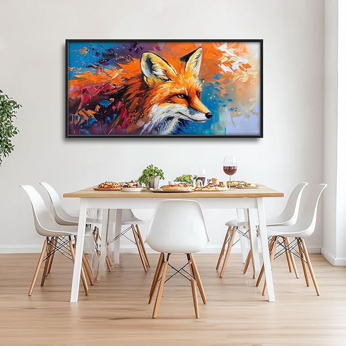Fox Large Framed Wall Art Abstract Fox Animal Pictures Oversized Wall Decor Graffiti Canvas Print Painting Aesthetic Modern Artwork for Living Room Bedroom Office Bathroom Home Decor 60L x30W