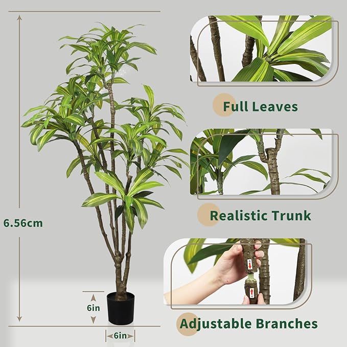 Faux Dracaena Tree 6.5ft(78in) Artificial Floor Plant for Indoor Decor Realistic Potted Tree with Texture Lifelike Leaves and Natural Wood Trunk for Home Living Room,Office Perfect Housewarming Gift