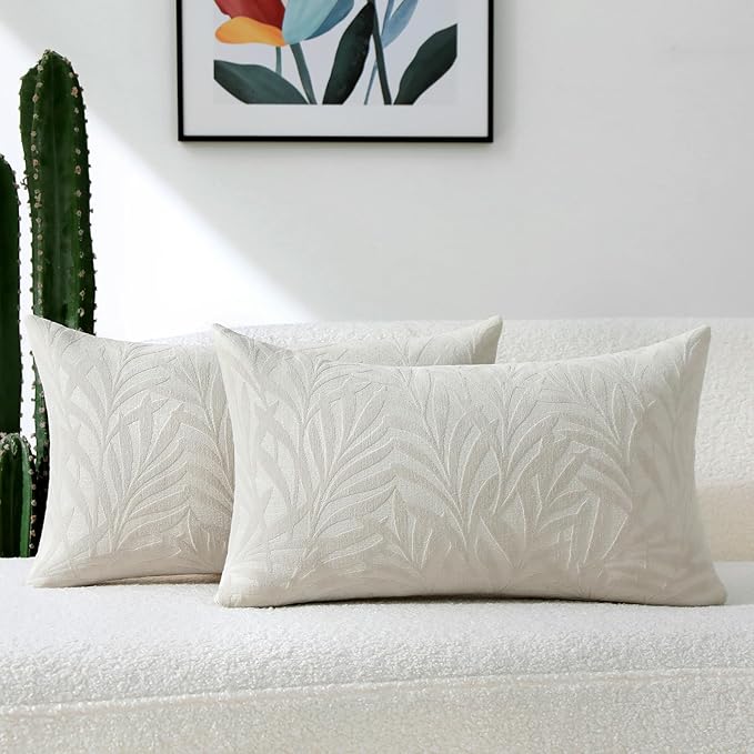 FUTEI Beige Decorative Throw Pillow Covers 12x20 Inch Set of 2,Soft Chenille Phoenix Tail Leaf Textured Pillow Case,Modern Home Decor for Couch Bed Living Room