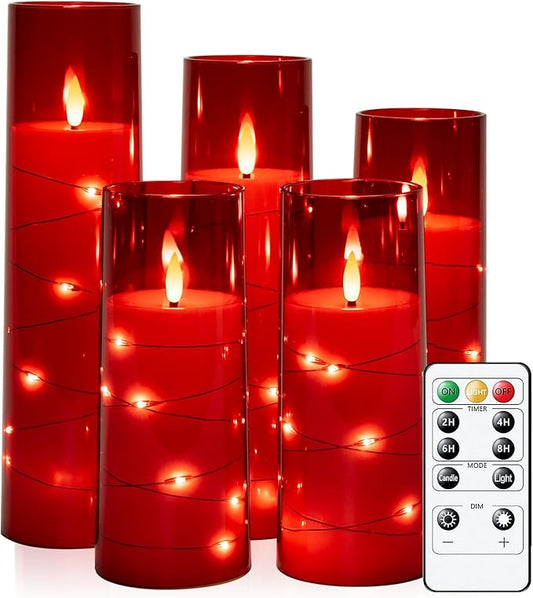 Raycare Flameless Candles with Embedded Star String, 5 Pcs Battery Operated Acrylic Pillar Candles with Timer and Remote, LED Candles for Romantic Ambiance and Home Decoration(Red)
