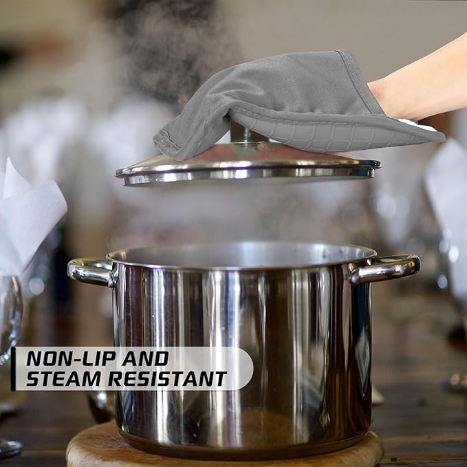 BPA-Free Soft Silicone 4 Piece Oven Mitts & Pot Holders Set - Ultra Heat Resistant Oven Mitts with Thick Cotton Liner - Long Slip Resistant Pot Holders, Flexible Oven Gloves - Gray