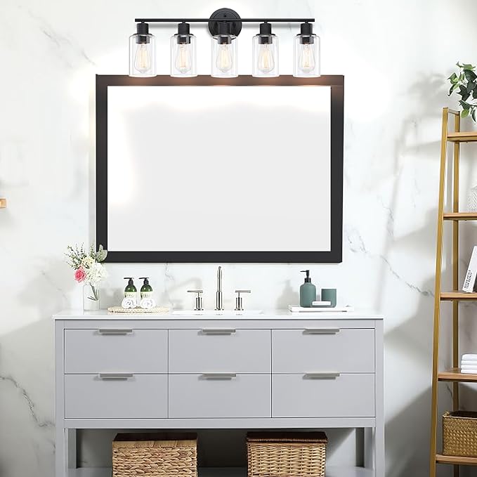 5-Light Black Bathroom Vanity Light Fixture Over Mirror - 5 Bulb Black Wall Sconce for Bathroom Bedroom Hallway Wall Mount Fixture Over Kitchen Sink