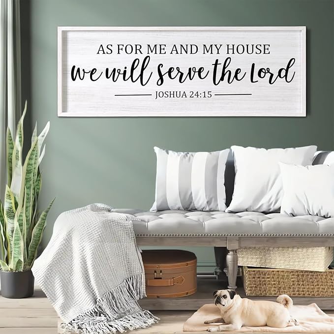 As For Me And My House We Will Serve The Lord Framed Wall Art, 40''×15'' Positive Religious Bible Verse for Christian God Jesus Christ Prayer, Vintage Rustic Long Holy Catholic Scripture Decor