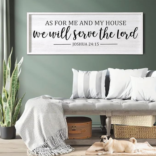 As For Me And My House We Will Serve The Lord Framed Wall Art, 40''×15'' Positive Religious Bible Verse for Christian God Jesus Christ Prayer, Vintage Rustic Long Holy Catholic Scripture Decor