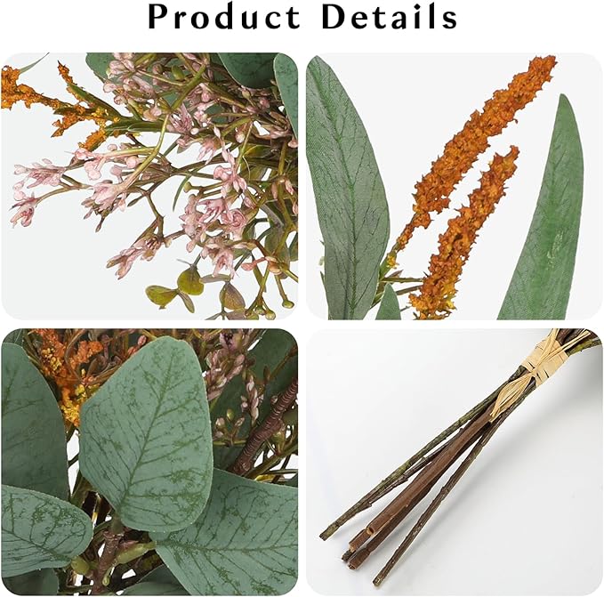 Fall Artificial Eucalyptus Bouquet with Orange Sage Leaves – Autumn Faux Greenery Bush with Raffia Wrap for Farmhouse, Kitchen, Table, and Seasonal Home Décor