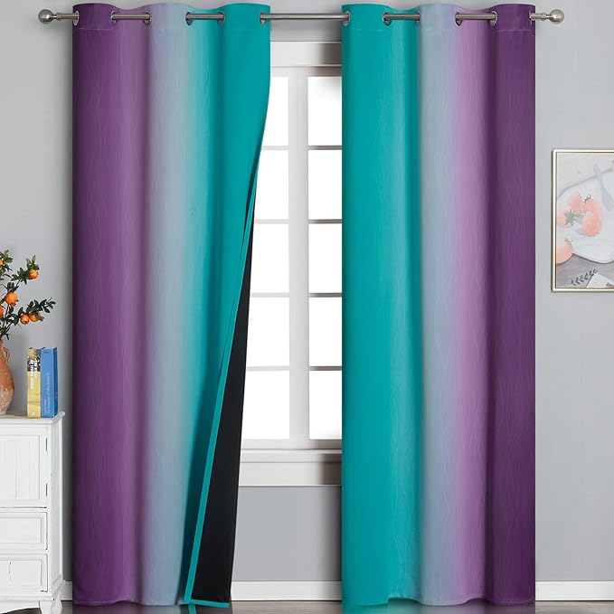 Teal Blackout Curtains 84 Inches Long, Ombre Purple Blackout Curtains for Bedroom, Grommet Thermal Insulated Gradient Drapes, Full Light Blocking Curtains for Kids Room,42x84 Inch, 2 Panels