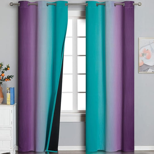 Estelar Textiler Teal and Purple Ombre Blackout Curtains 96 Inches Long 2 Panels for Living Room, Grommet Thermal Insulated Gradient Drapes, Full Light Blocking Curtains for Bedroom, 42x96 Inch