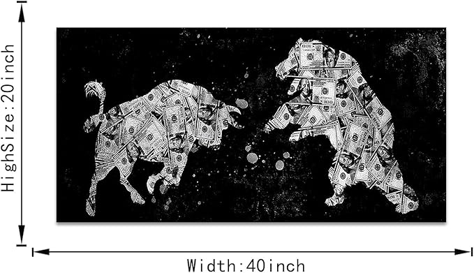 Motivational Office Wall Art Creative Bull & Bear Money Canvas Artwork Inspirational Wall Decor Black White Animal Print Modern Home Decorations for Guest Room Rest Room, Framed 40x20 inches