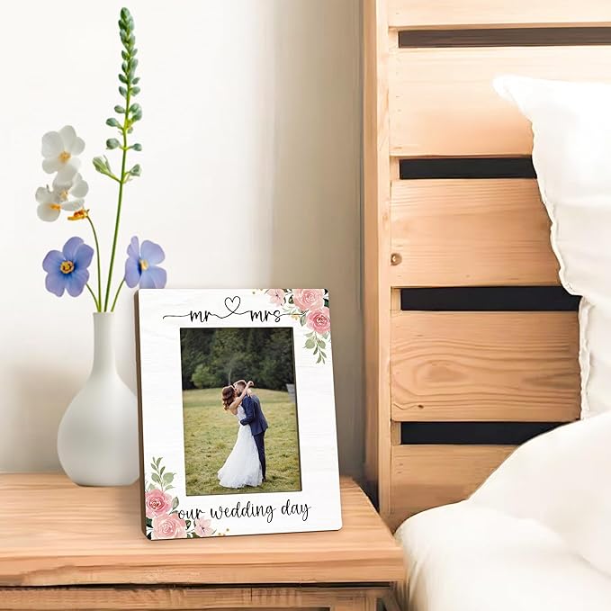 Wedding Picture Frame 5x7, Engagement Photo Frame, Engagement Gifts for Couples Newly Engaged, Mr and Mrs Our Wedding Day Couples Wooden Picture Photo Frames for Desk Home Room Decor
