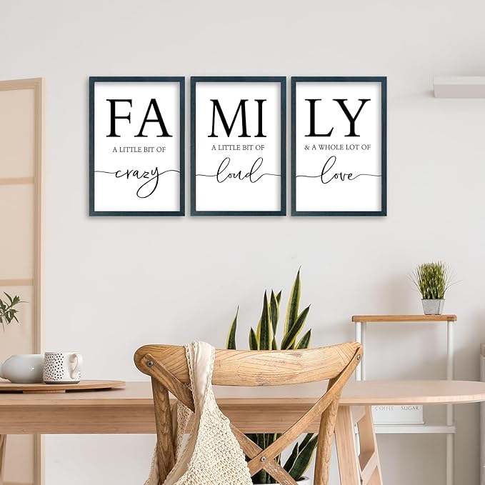 SRSZHIYUE Family Wall Art A Little Bit Of Crazy Loud Sign Wall Decor Art Set of 3 16"×11" Prints Wood Framed for Large Rustic Farmhouse Minimalist Living Room Entryway Wall Hanging (Black)