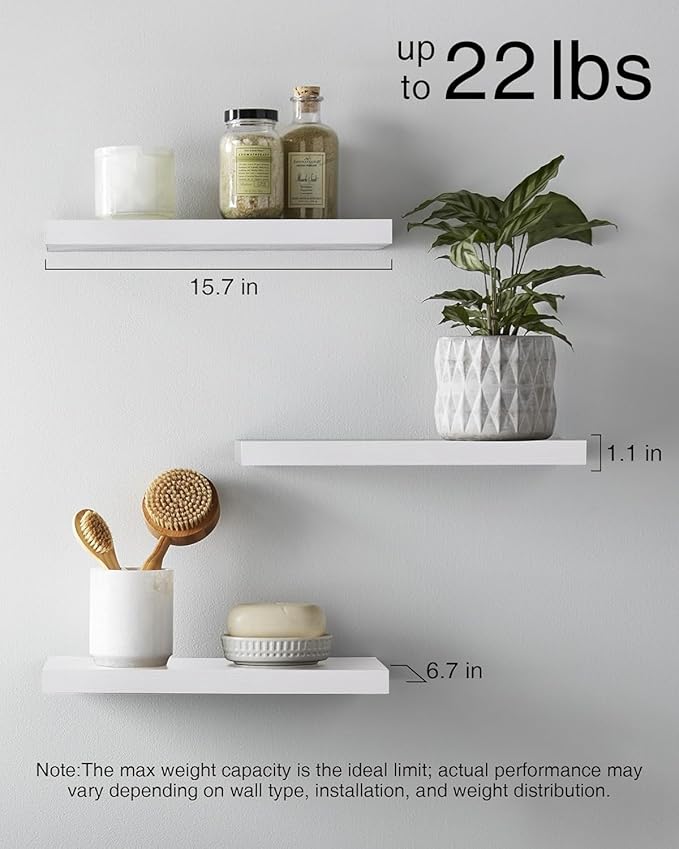 BAYKA White Floating Shelves for Wall – Rustic Wood Wall Shelves with Metal Brackets for Bathroom, Bedroom, Kitchen, or Living Room Decor Organization – Set of 3, Sturdy Storage with 22lb Capacity
