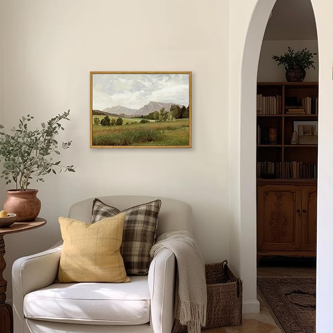 KBKBART Framed Vintage Landscape Wall Art Prints, Retro Muted Green Forest Valley Nature Wilderness Canvas Painting, Farmhouse Decor Wall Art for Bedroom, Bathroom,Vintage Wall Decor(12"x16")