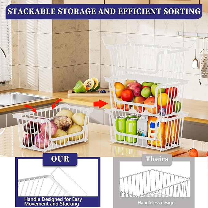 Enhanced Leak-Proof Bottom Stackable Wire Baskets, 4 Pack Pantry Organizers and Storage, Pantry Storage，Shelf Baskets, Fruit Basket, Potato and Onion Storage Bins，(White)