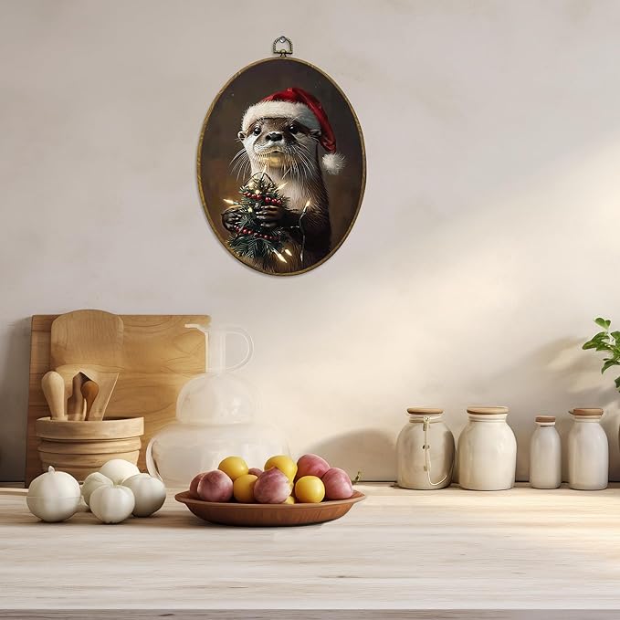 CUANFDDSF Vintage Christmas Otter Oval Wall Art Decor, Dark Academia Santa Otter Wall Hanging Decor, Rustic Holiday Winter Christmas Framed Canvas Prints for Home Bedroom Living Room, 8.6x11.4 Inch