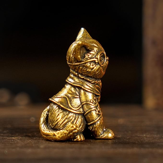 CHOVY Retro Handcrafted Scholarly Cat Ornament - 100% Solid Brass Desk Decor Intellectual Kitten Sculpture with Doctoral Glasses Vintage Style Collectible Art Piece Unique Gift for Cat Lovers