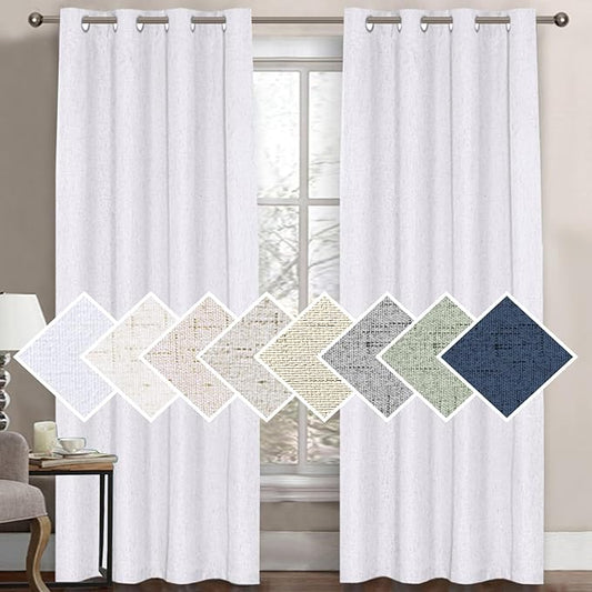 H.VERSAILTEX 100% Blackout Curtain for Bedroom 84 Inches Long Grommet Linen Face Full Light Blocking Curtain Drape for Living Room Thermal Insulated Linen Look Curtain 1 Panel, Pure White