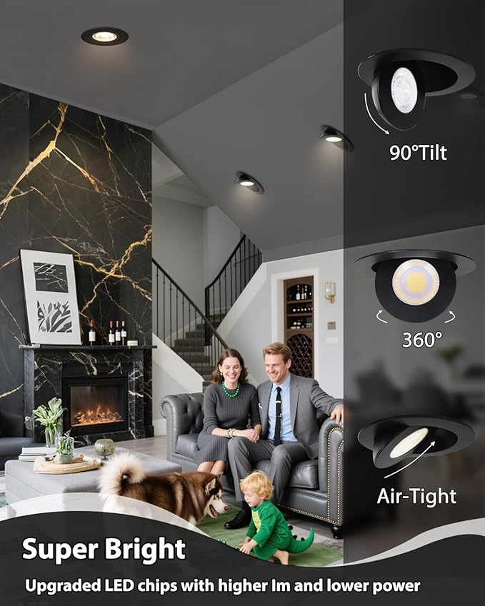 zouzai 5CCT LED Gimbal Led Recessed Light with Junction Box, 360°+90° Adjustable Directional Eyeball Lighting, Dimmable, 2700K/3000K/3500K/4000K/5000K,ETL&Energy Star (6 inch, Black 6 Pack)